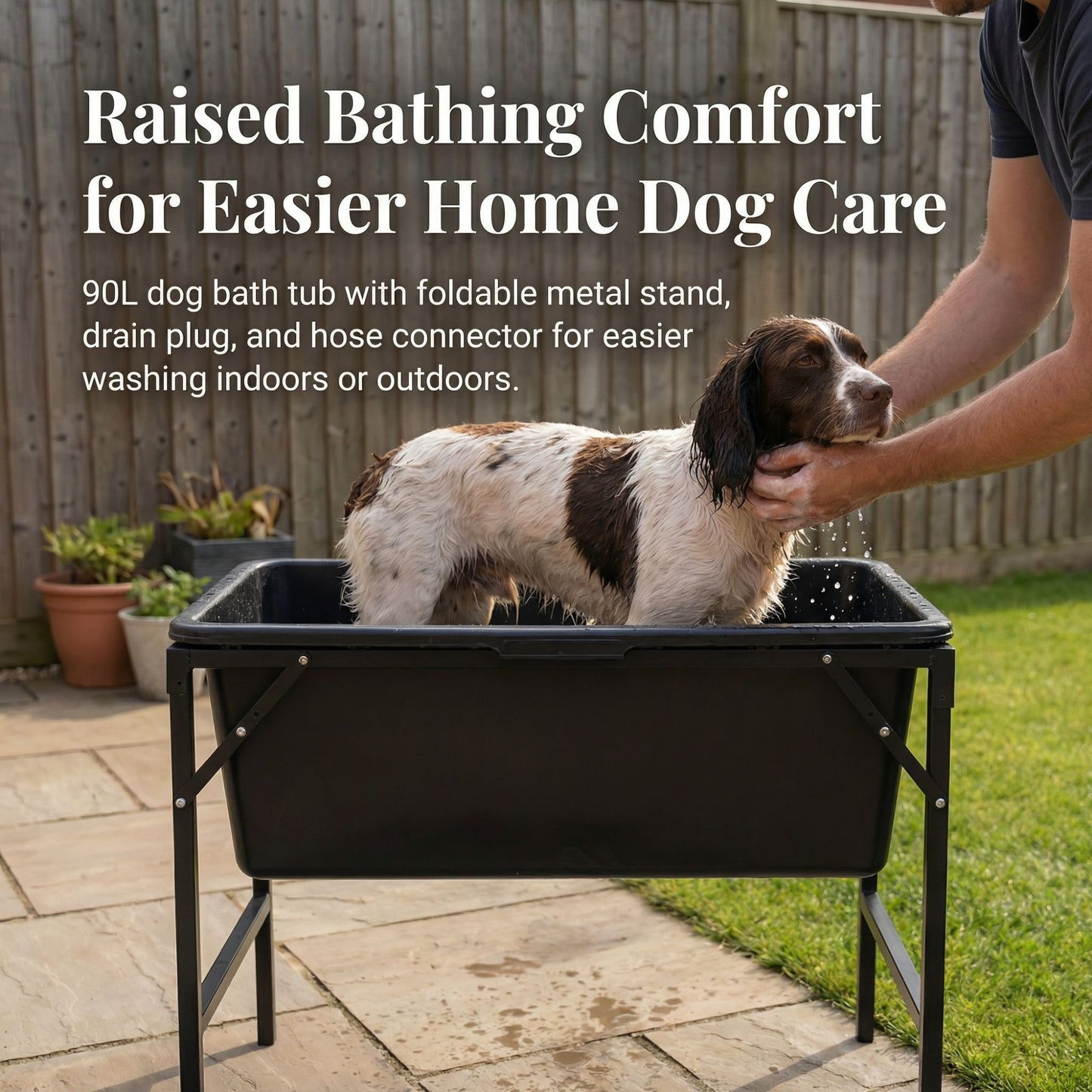 Dog Bath Tub 90L with Stand Raised Pet Bath Pool Foldable Metal Frame with Drain Plug Hose Connector Durable Dog Wash Tub for Indoor Outdoor Pet Care