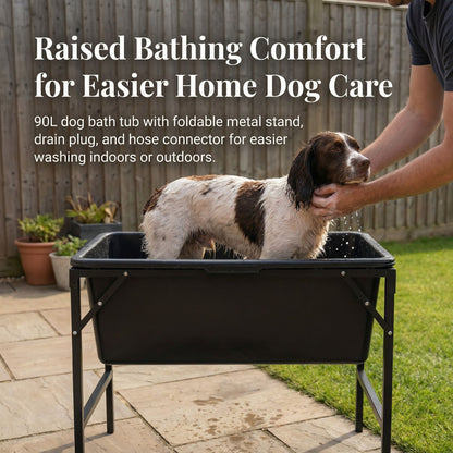 Dog Bath Tub 90L with Stand Raised Pet Bath Pool Foldable Metal Frame with Drain Plug Hose Connector Durable Dog Wash Tub for Indoor Outdoor Pet Care