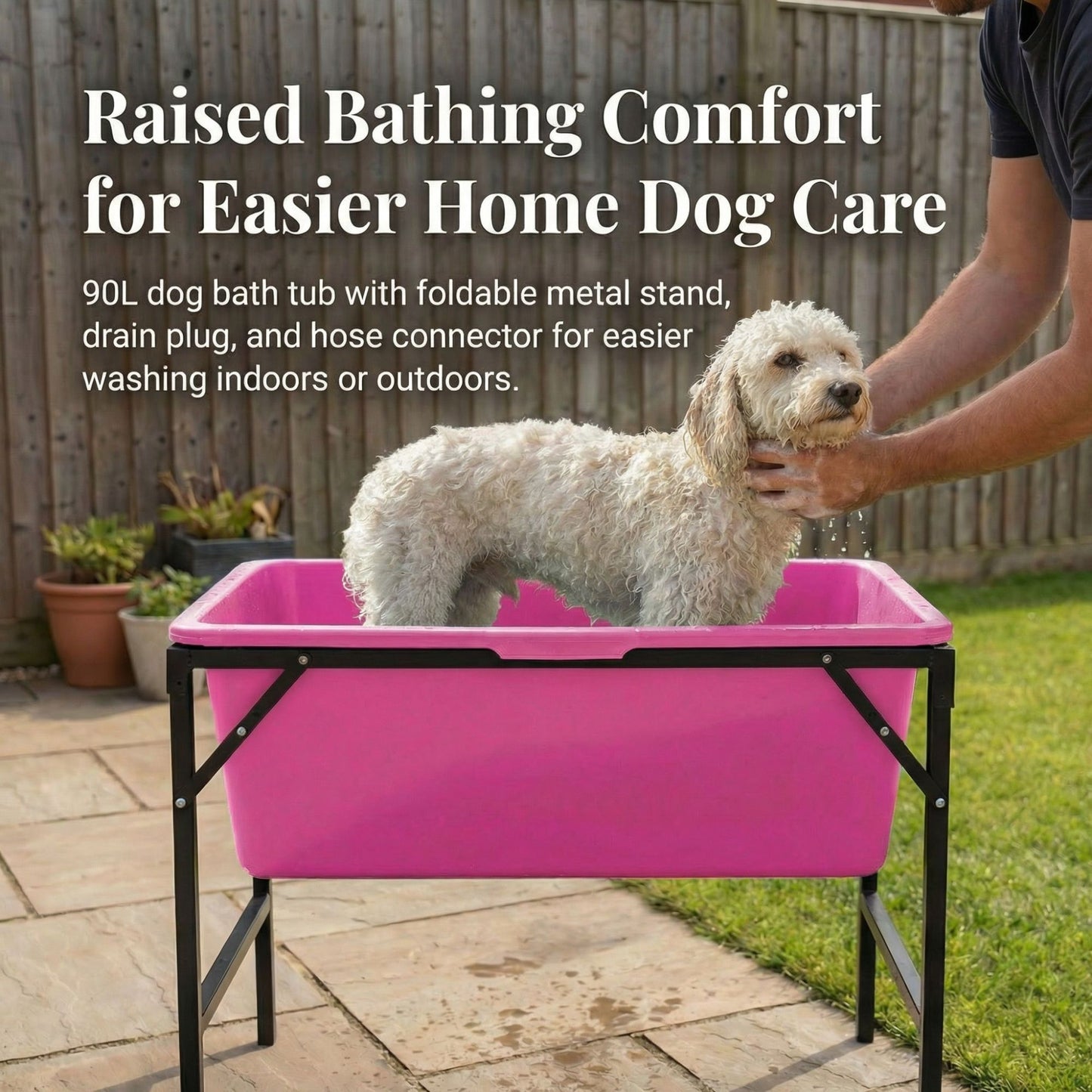 Dog Bath Tub 90L with Stand Raised Pet Bath Pool Foldable Metal Frame with Drain Plug Hose Connector Durable Dog Wash Tub for Indoor Outdoor Pet Care