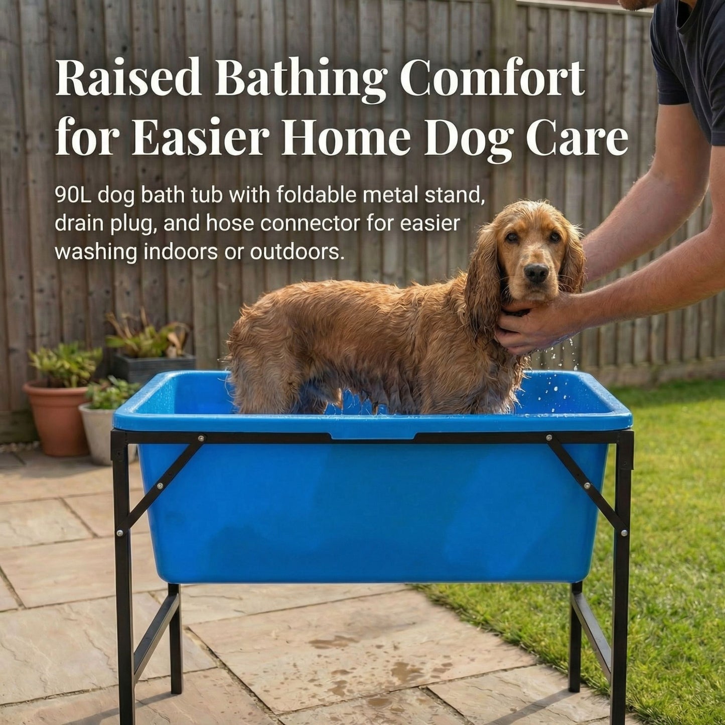 Dog Bath Tub 90L with Stand Raised Pet Bath Pool Foldable Metal Frame with Drain Plug Hose Connector Durable Dog Wash Tub for Indoor Outdoor Pet Care
