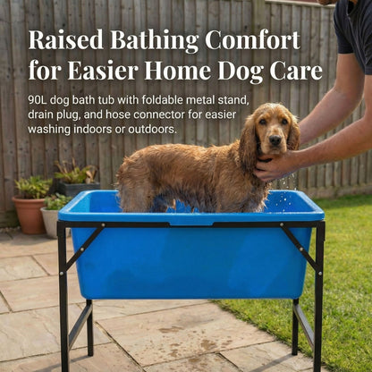 Dog Bath Tub 90L with Stand Raised Pet Bath Pool Foldable Metal Frame with Drain Plug Hose Connector Durable Dog Wash Tub for Indoor Outdoor Pet Care
