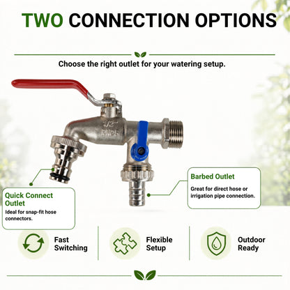 Double Garden Tap Kit with 1/2” & 3/4” BSP Adapter, Dual Lever Outdoor Water Tap with Quick Connect Fitting, Barbed Hose Outlet & PTFE Tape for Garden Hose, Irrigation & Greenhouse Use