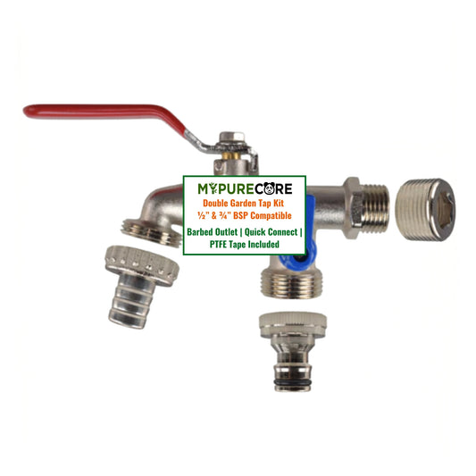 Double Garden Tap Kit with 1/2” & 3/4” BSP Adapter, Dual Lever Outdoor Water Tap with Quick Connect Fitting, Barbed Hose Outlet & PTFE Tape for Garden Hose, Irrigation & Greenhouse Use