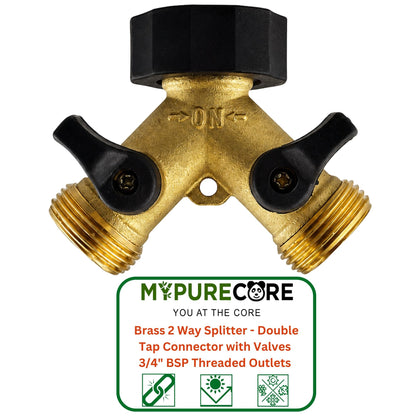 Brass 2 Way Splitter Double Tap Connector with Valves 3/4" BSP Threaded Outlets