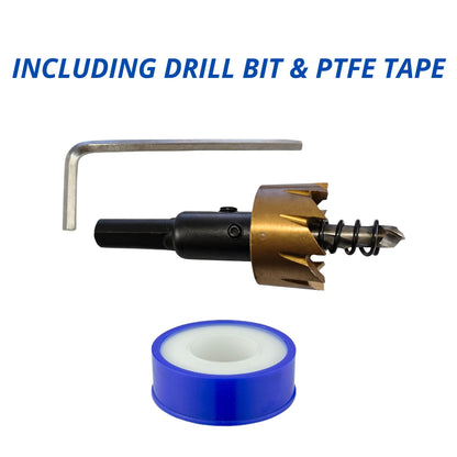 Water Butt Barrel Tap Connector Kit with Drill Hole Saw Cutter – Adapter Hose Fitting with Tap Options & PTFE Tape for Rain Barrel, Water Tank & Garden Use