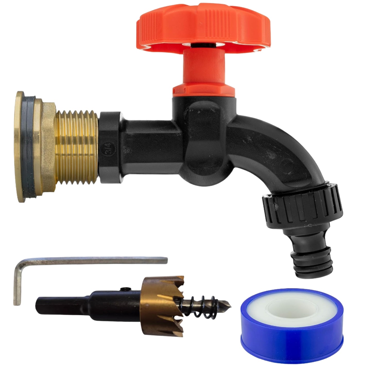 Water Butt Brass Kit 3/4" BSP to 1/2" with Drill Bit – Heavy-Duty Brass Tank Connector with Black Dial Tap for Rainwater Harvesting & Water Storage