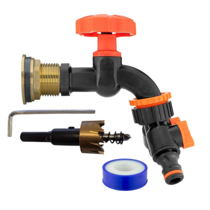 Water Butt Brass Kit 3/4" BSP to 1/2" with Drill Bit – Heavy-Duty Brass Tank Connector with Black Dial Tap for Rainwater Harvesting & Water Storage