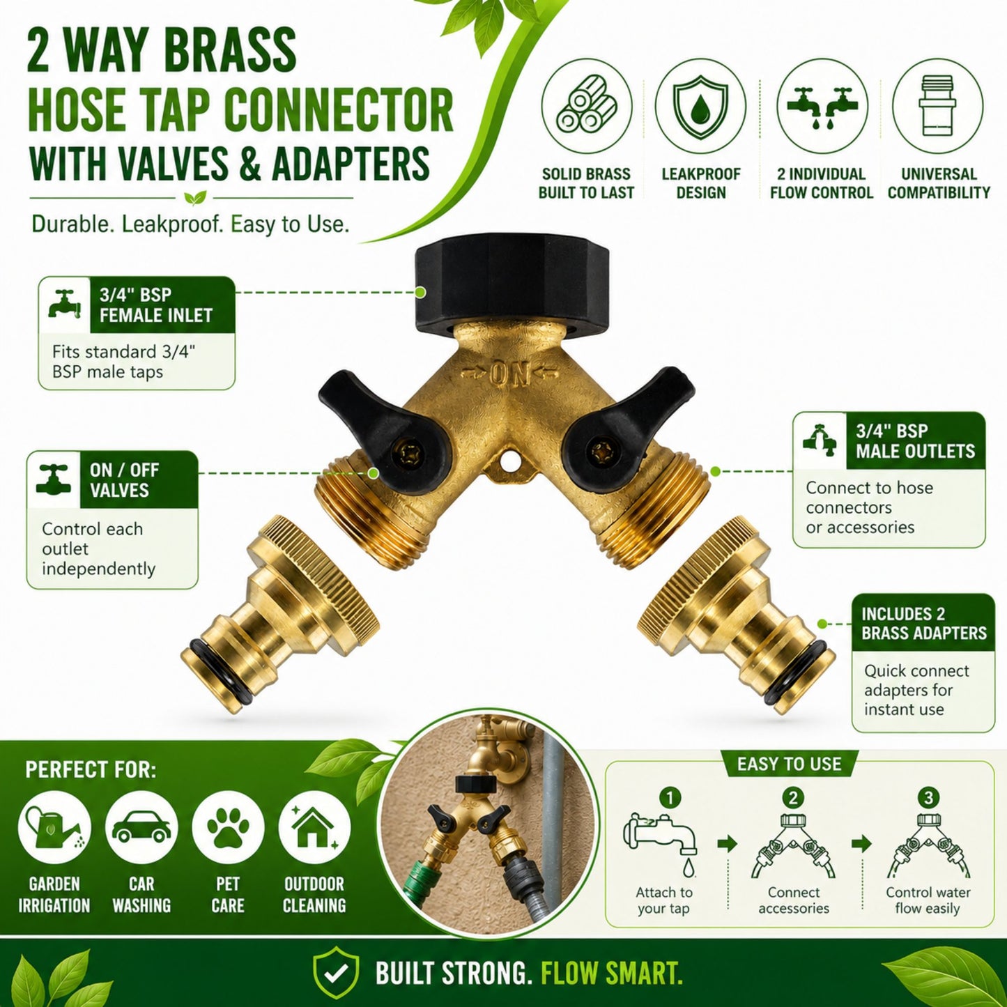 Double Tap Connector with Valve & Snap On Male 3/4" BSPF Brass Set