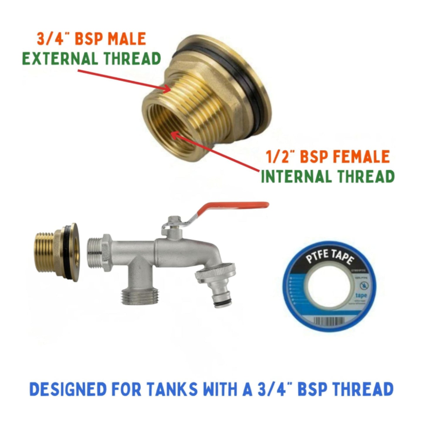 Water Butt Brass Kit 3/4" BSP to 1/2" – Heavy-Duty Brass Tank Connector with PTFE Tape & Lever Tap Options – Rainwater Harvesting, Barrels & IBC Containers
