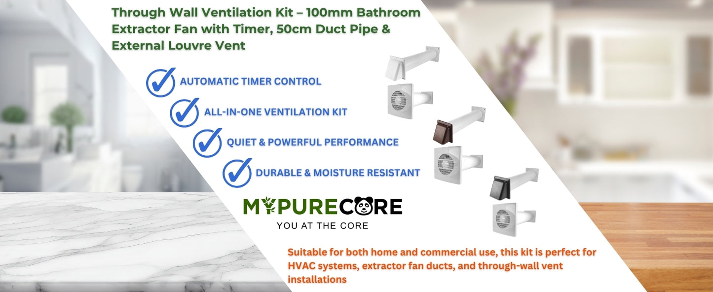 Through Wall Ventilation Kit – 100mm Bathroom Extractor Fan with Timer, 50cm Duct Pipe & External Louvre Vent – Quiet IPX4 Rated Fan – Ideal for Bathroom, Toilet, Kitchen, Home & Office Use