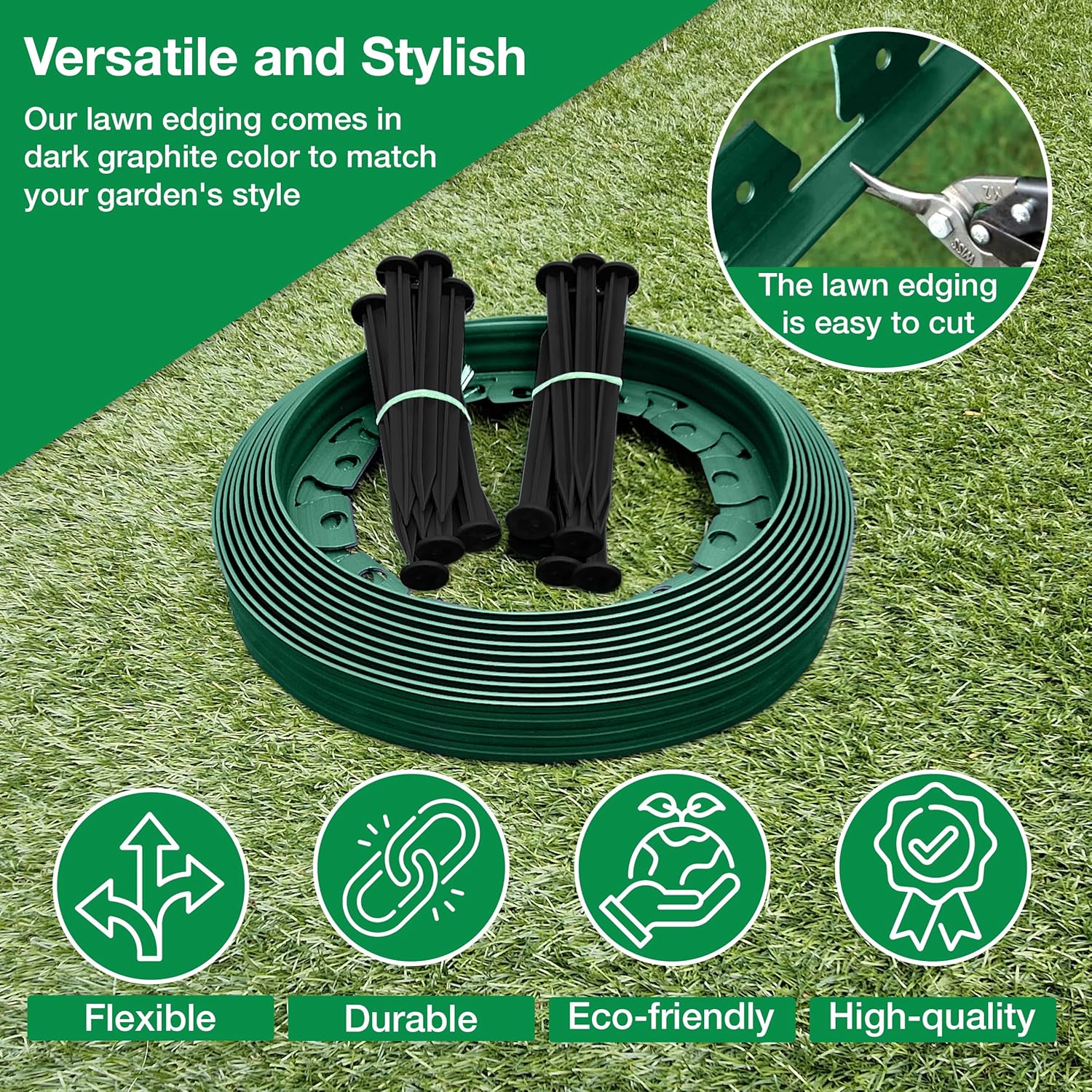 10m of Flexible Green Garden Edging Border - Complete with 20 Securing Pegs for Perfect Flower Beds, Lawns, and Pavement Design (60mm High)