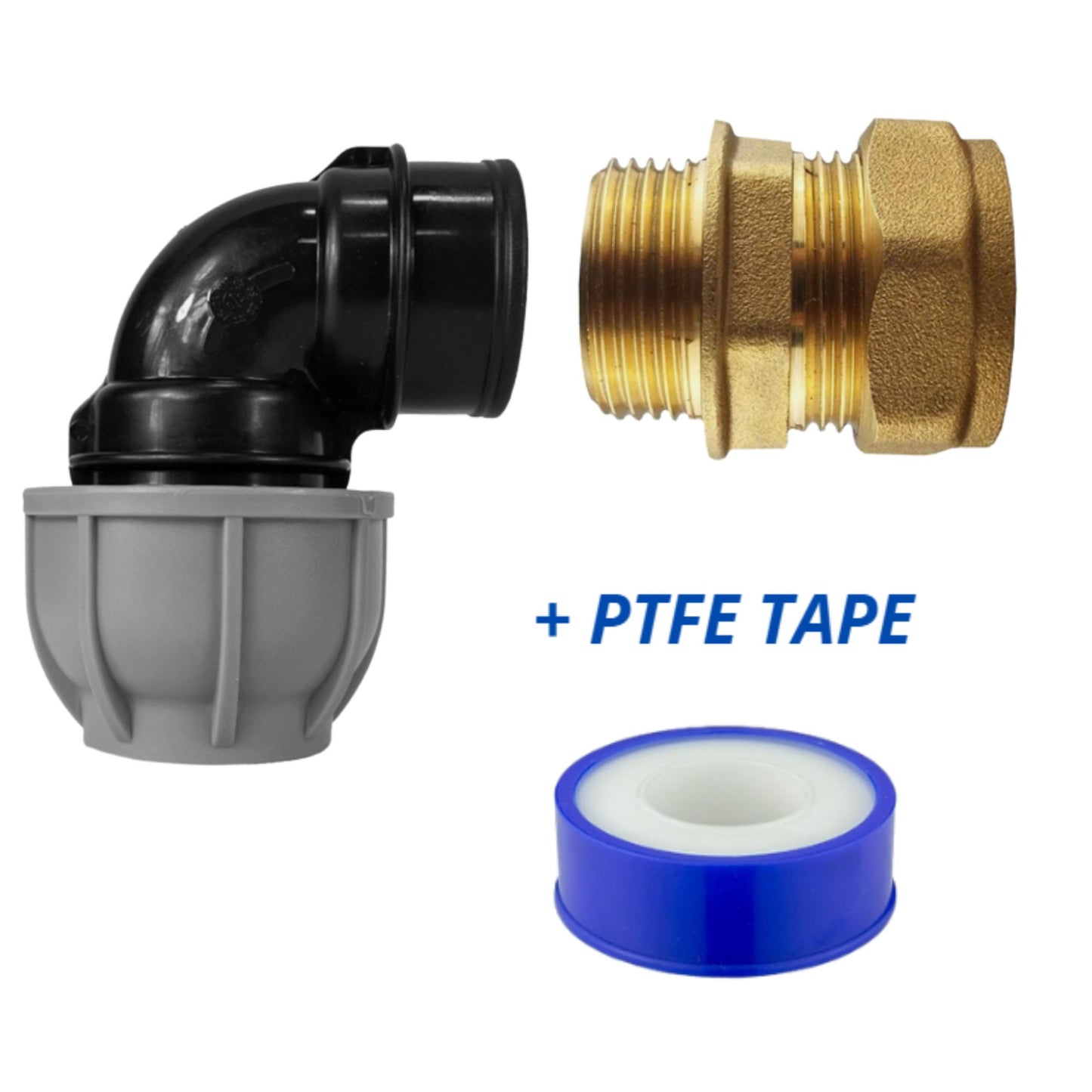 MDPE Fittings to Copper Adaptor Sets, including PTFE Tape - Straight, Elbow, Tee, Valve - 15mm 22mm 28mm 32mm Brass Compression