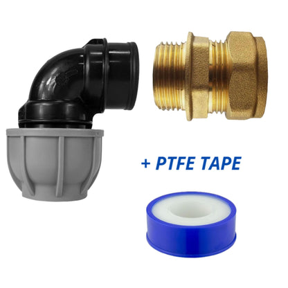 MDPE Fittings to Copper Adaptor Sets, including PTFE Tape - Straight, Elbow, Tee, Valve - 15mm 22mm 28mm 32mm Brass Compression