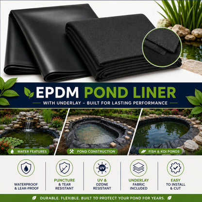 Pond Liner EPDM Rubber Heavy Duty Waterproof 900GSM & Underlay Set Fish Pond Water Feature