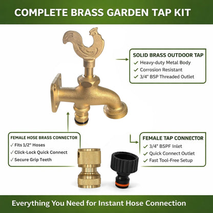 Brass Garden Tap Kit – 3/4" BSP Outdoor Bib Tap with Female Tap Connector & Solid Brass Hose Connector, Heavy-Duty Quick Connect for Garden & Irrigation Rooster/Classic Handle