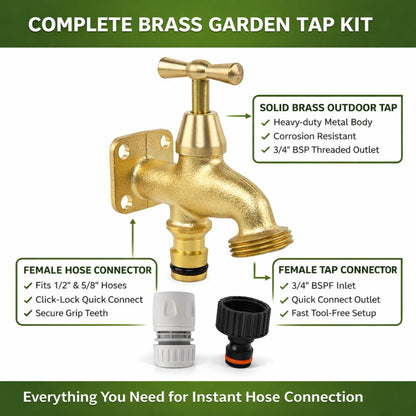 Brass Garden Tap Kit with Hose Connectors – 3/4" BSP Outdoor Bib Tap, Female Tap Connector & Female Hose Connector, Quick Connect Water Tap Set Rooster/Classic Handle
