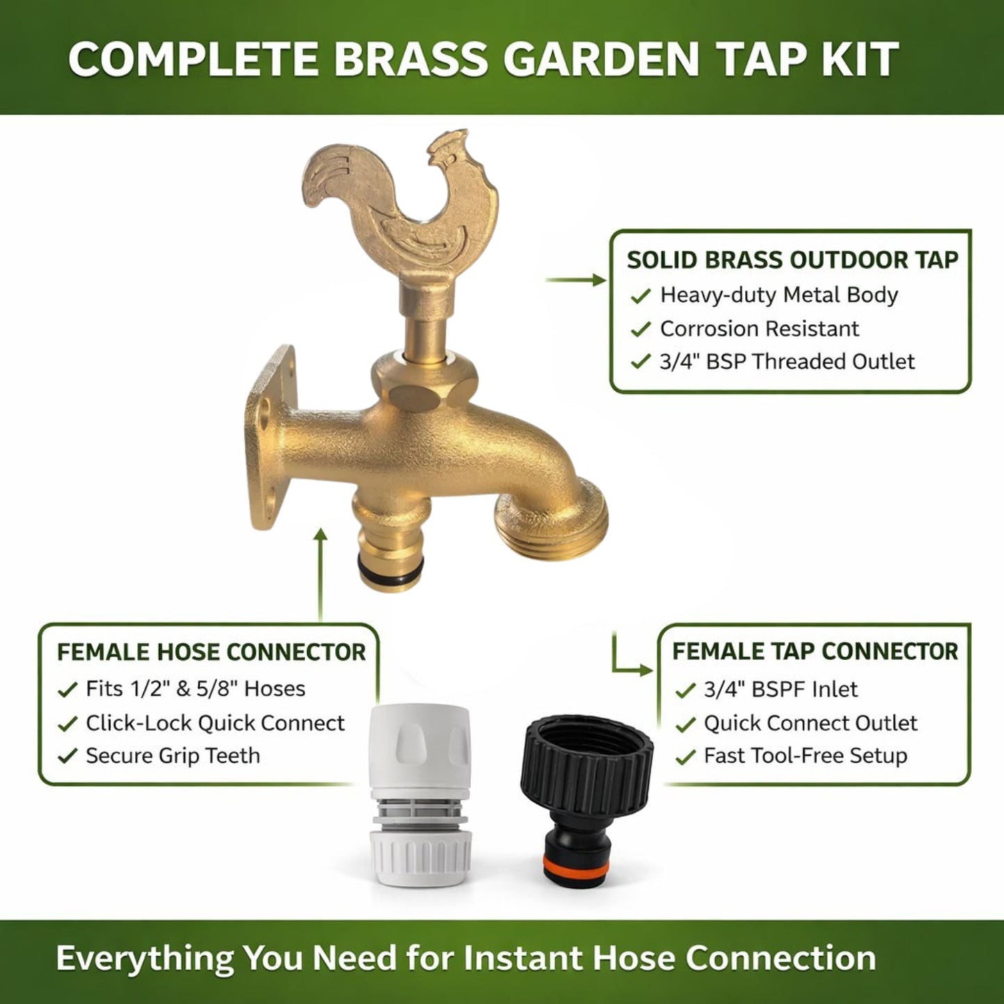 Brass Garden Tap Kit with Hose Connectors – 3/4" BSP Outdoor Bib Tap, Female Tap Connector & Female Hose Connector, Quick Connect Water Tap Set Rooster/Classic Handle