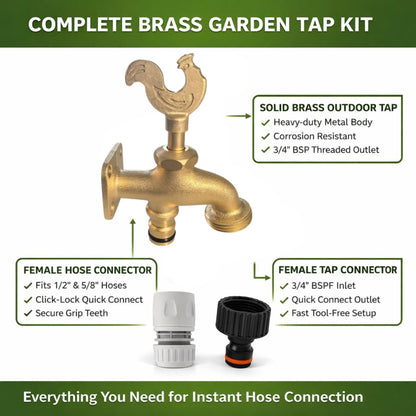 Brass Garden Tap Kit with Hose Connectors – 3/4" BSP Outdoor Bib Tap, Female Tap Connector & Female Hose Connector, Quick Connect Water Tap Set Rooster/Classic Handle