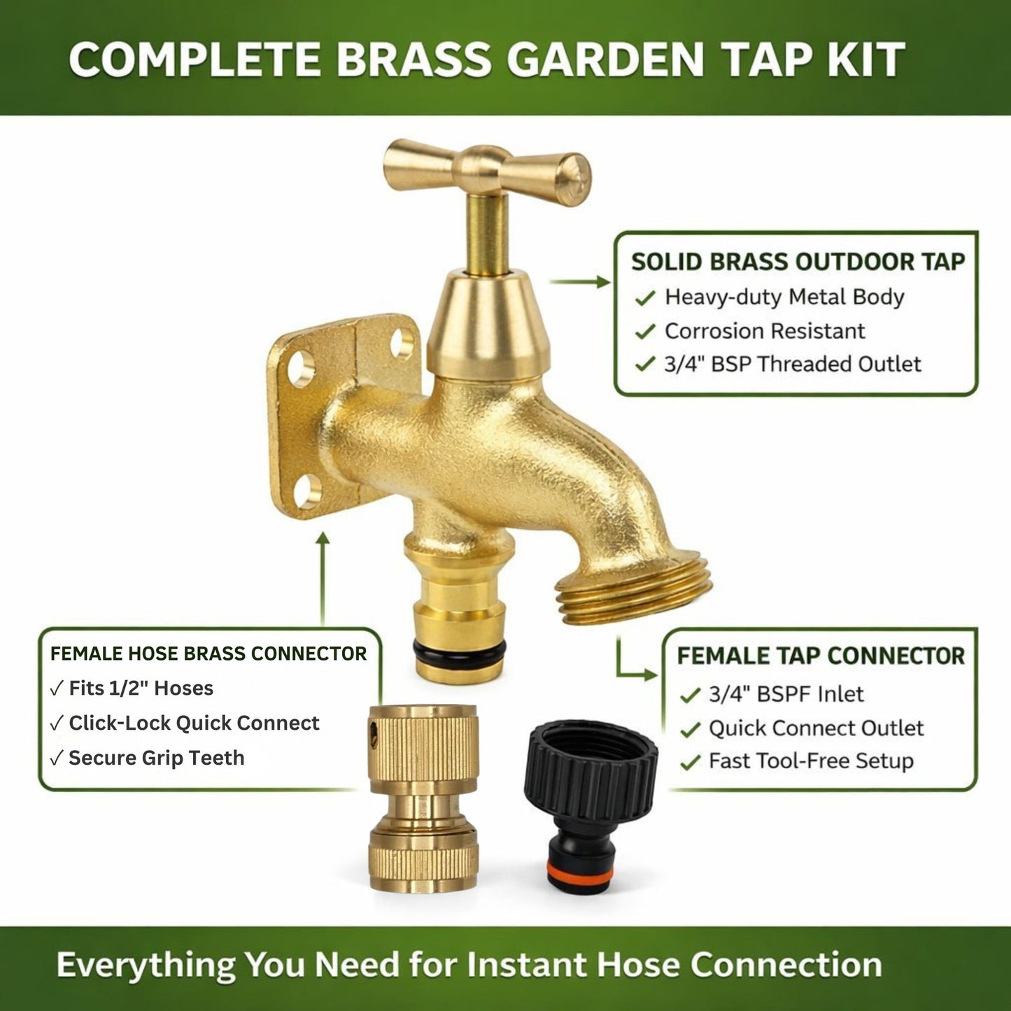 Brass Garden Tap Kit – 3/4" BSP Outdoor Bib Tap with Female Tap Connector & Solid Brass Hose Connector, Heavy-Duty Quick Connect for Garden & Irrigation Rooster/Classic Handle