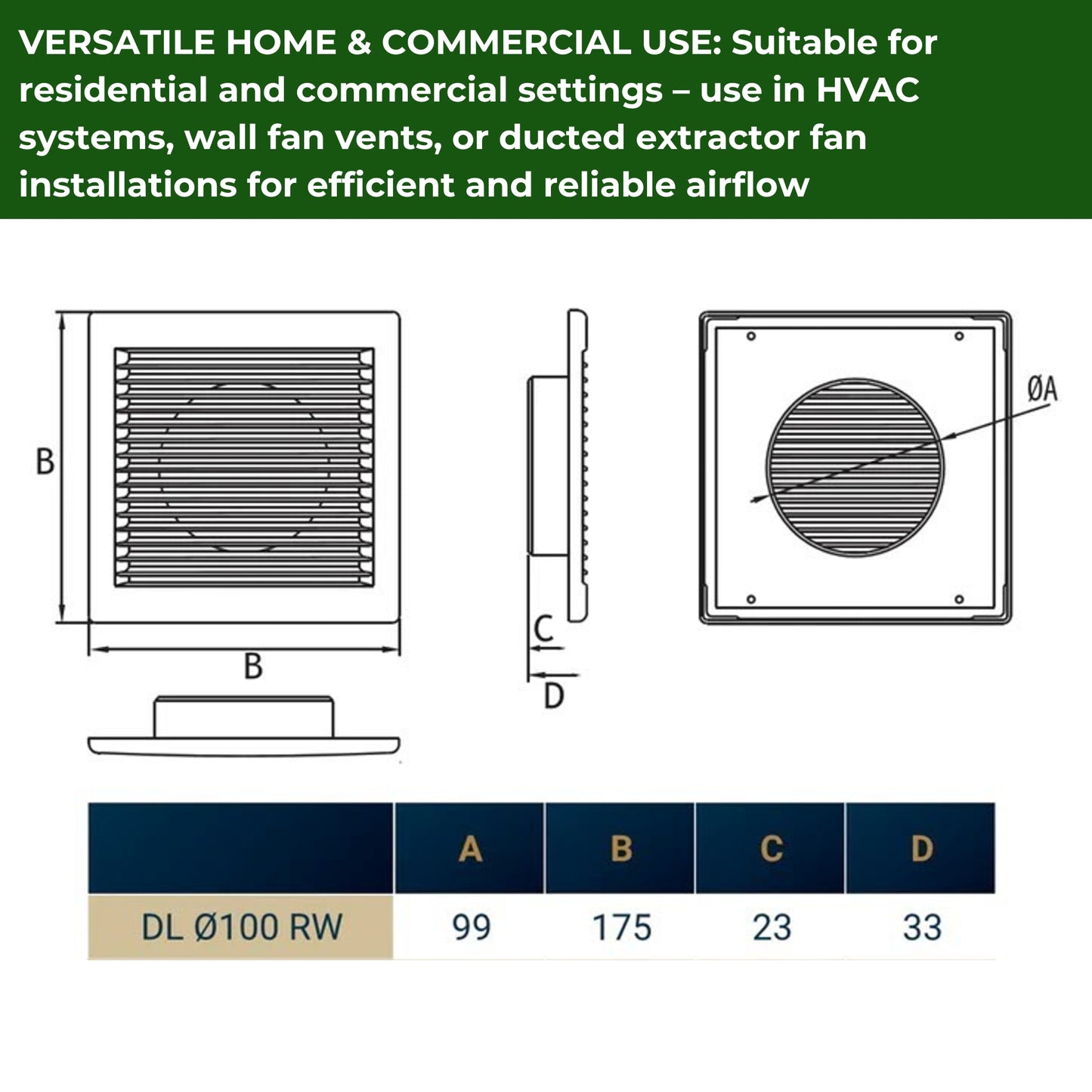 Through Wall Ventilation Kit – Louvre Vent with Fly Mesh, External Vent with Damper & 50cm Rigid Duct Pipe – Air Vent Cover for Bathroom, Kitchen, Home & Commercial Use