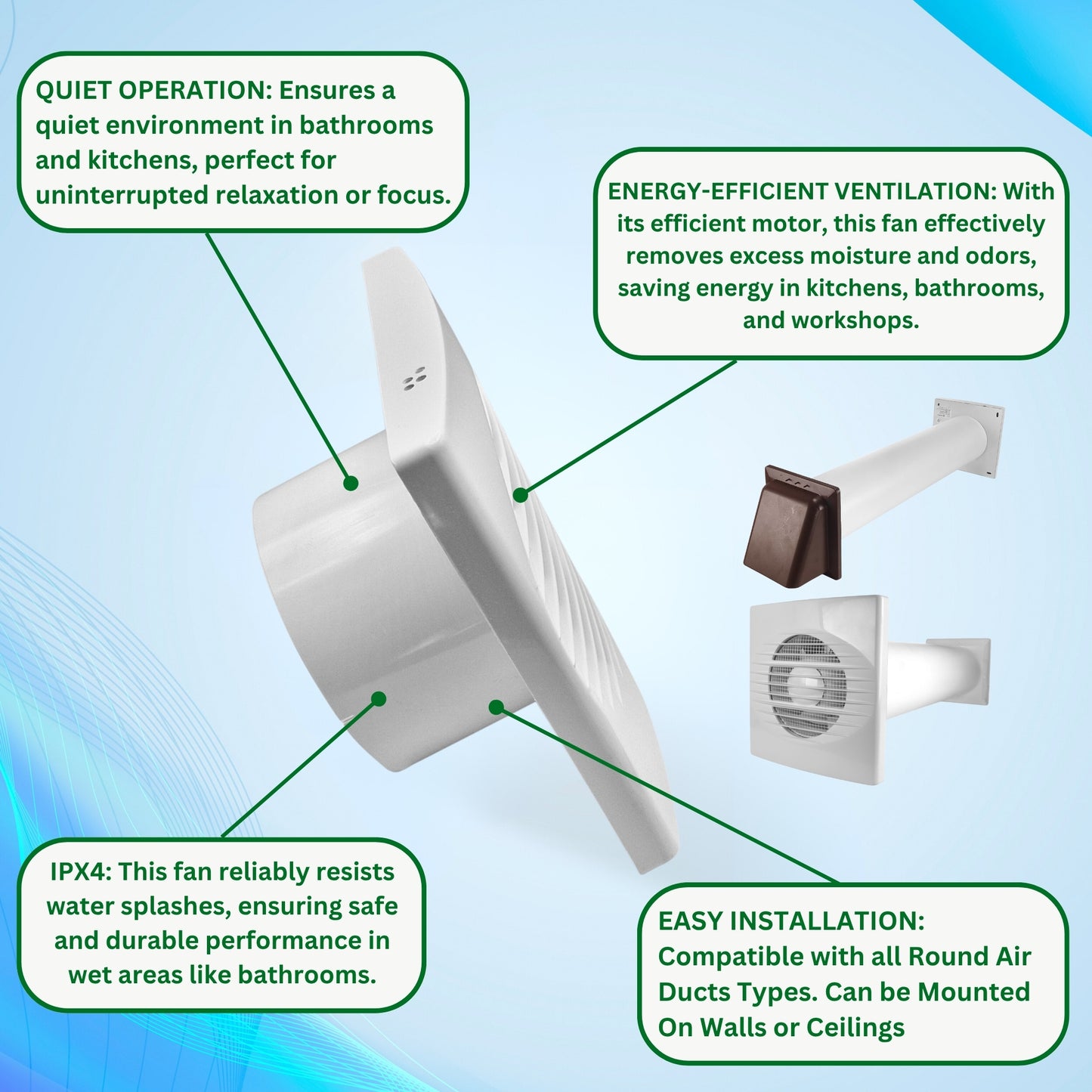 Through Wall Ventilation Kit – 100mm Bathroom Extractor Fan with 50cm Duct Pipe & External Louvre Vent – Quiet IPX4 Rated Fan – Ideal for Bathroom, Toilet, Kitchen, Home & Commercial Use
