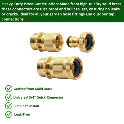 2-Pack Brass Garden Hose No-Leak Connector Set | 3/4 Inch Female & Male Quick Connectors with PTFE Tape | Durable Water Hose Fittings for Outdoor Tap, Garden Hose