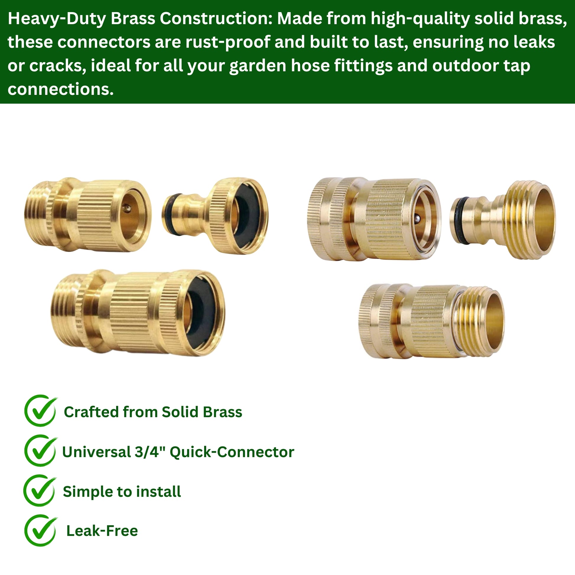 2 Pairs Garden Hose Quick Connect Set | 3/4 Inch Solid Brass Hose Fittings with PTFE Tape | Male & Female Adapters for Car Wash, Garden Irrigation, Outdoor Tap