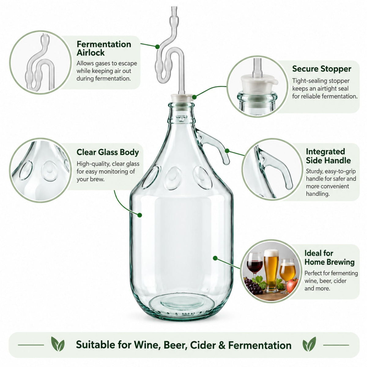 Home Brew Fermenter 30L Bucket & 5L Glass Demijohn with Handle & Airlock Tube Kit