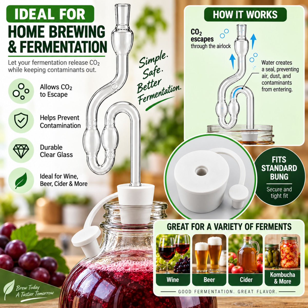 Fermentation Airlock Kit 6-Chamber Clear Plastic with White Rubber Bung KZ32 Cap Home Brew Wine Beer