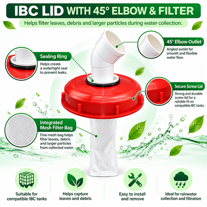 IBC Tank Lid 225mm Screw Cap with 45 Degree Elbow Outlet & Mesh Filter Bag