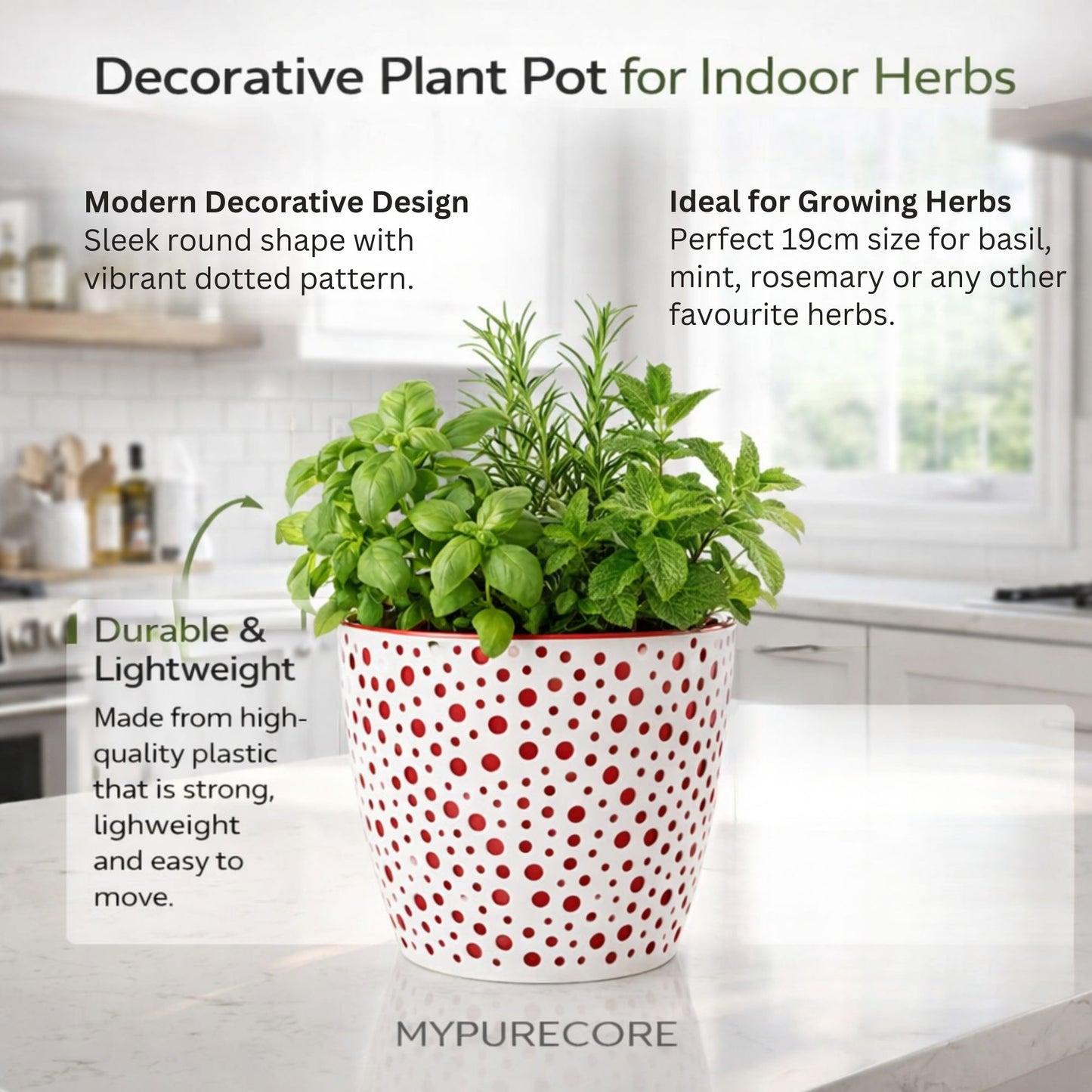 Flower Pot 19cm Decorative Modern Dotted Design Plastic Planter Round Plant Pot