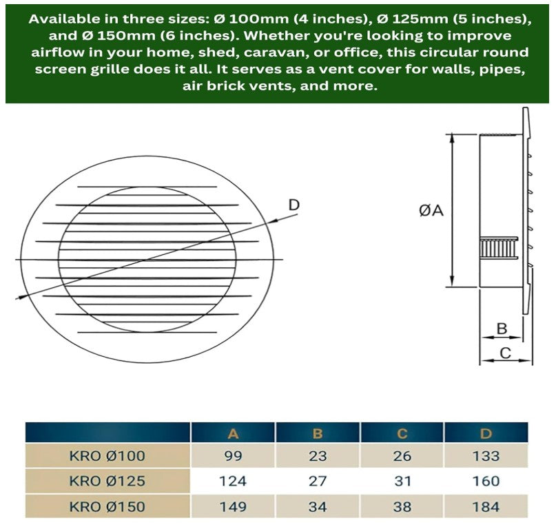 White Circular Ventilation Grille with Flyscreen - Round Air Vent 100mm – 4 inch Rear Spigot