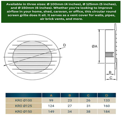 White Circular Ventilation Grille with Flyscreen - Round Air Vent 100mm – 4 inch Rear Spigot