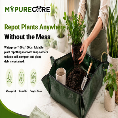 Plant Repotting Mat 100x100cm Waterproof Foldable Gardening Potting Tray with Snap Corners for Indoor Plants, Seedlings, Soil Mixing & Balcony Gardening