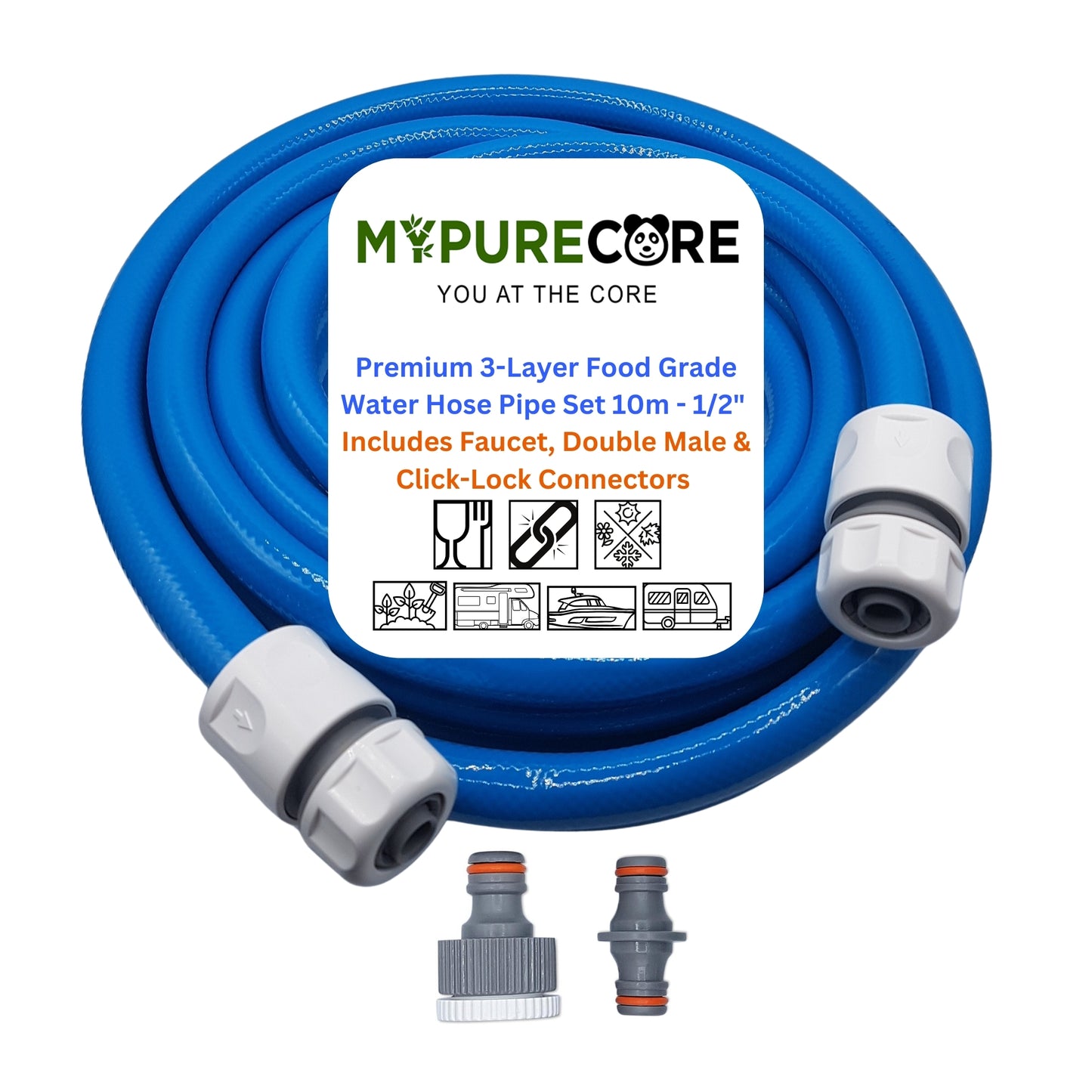 Premium 3-Layer Food Grade Water Hose Pipe - 10m 1/2" Includes Faucet, Double Male & Click-Lock Connectors | Campervan Accessories