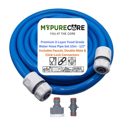 Premium 3-Layer Food Grade Water Hose Pipe - 10m 1/2" Includes Faucet, Double Male & Click-Lock Connectors | Campervan Accessories