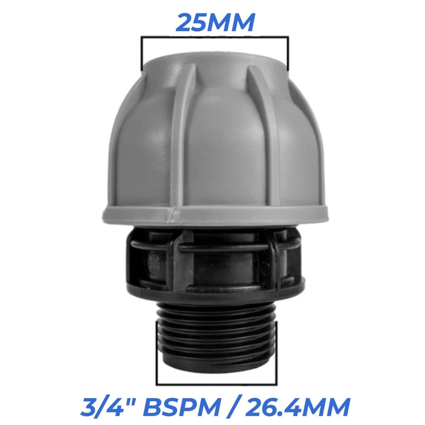 Water Butt Connector Kit 3/4" BSP with Full Flow PP Ball Valve & MDPE Straight Compression Fitting 20mm 25mm 32mm for Rainwater Tanks & Irrigation