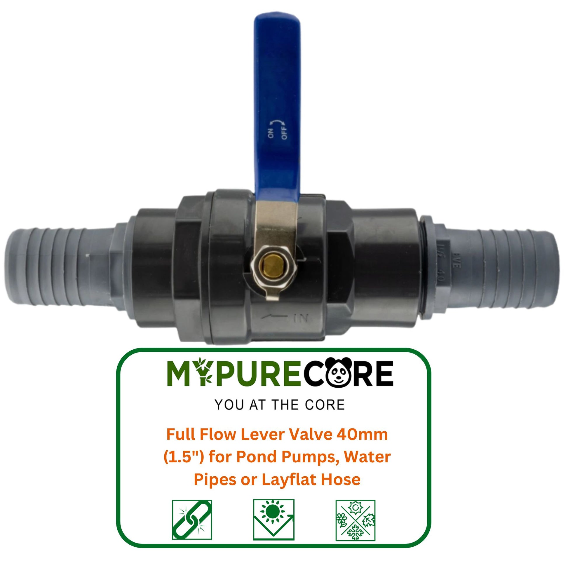 Full Flow Lever Valve 40mm (1.5") for Pond Pumps, Water Pipes or Layflat Hose
