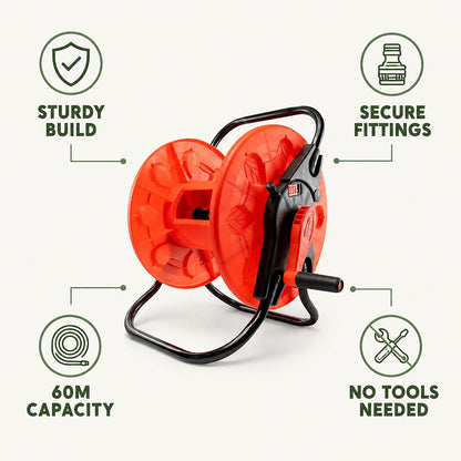 Garden Hose Reel Cart 60m with Crank Handle & Hose Connectors | Heavy Duty Steel Frame | Holds 1/2" Hose | Easy Tool-Free Assembly