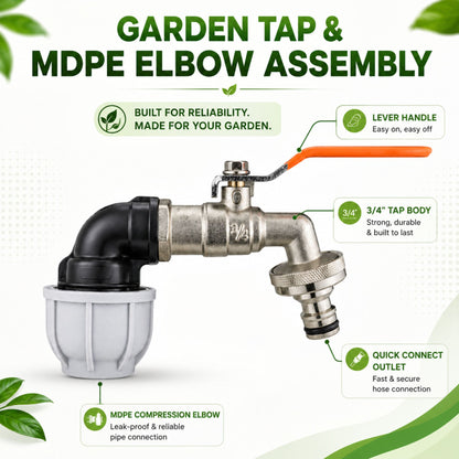Garden Lever Tap 3/4" BSPM Quick Connect with 20mm, 25mm or 32mm MDPE Elbow