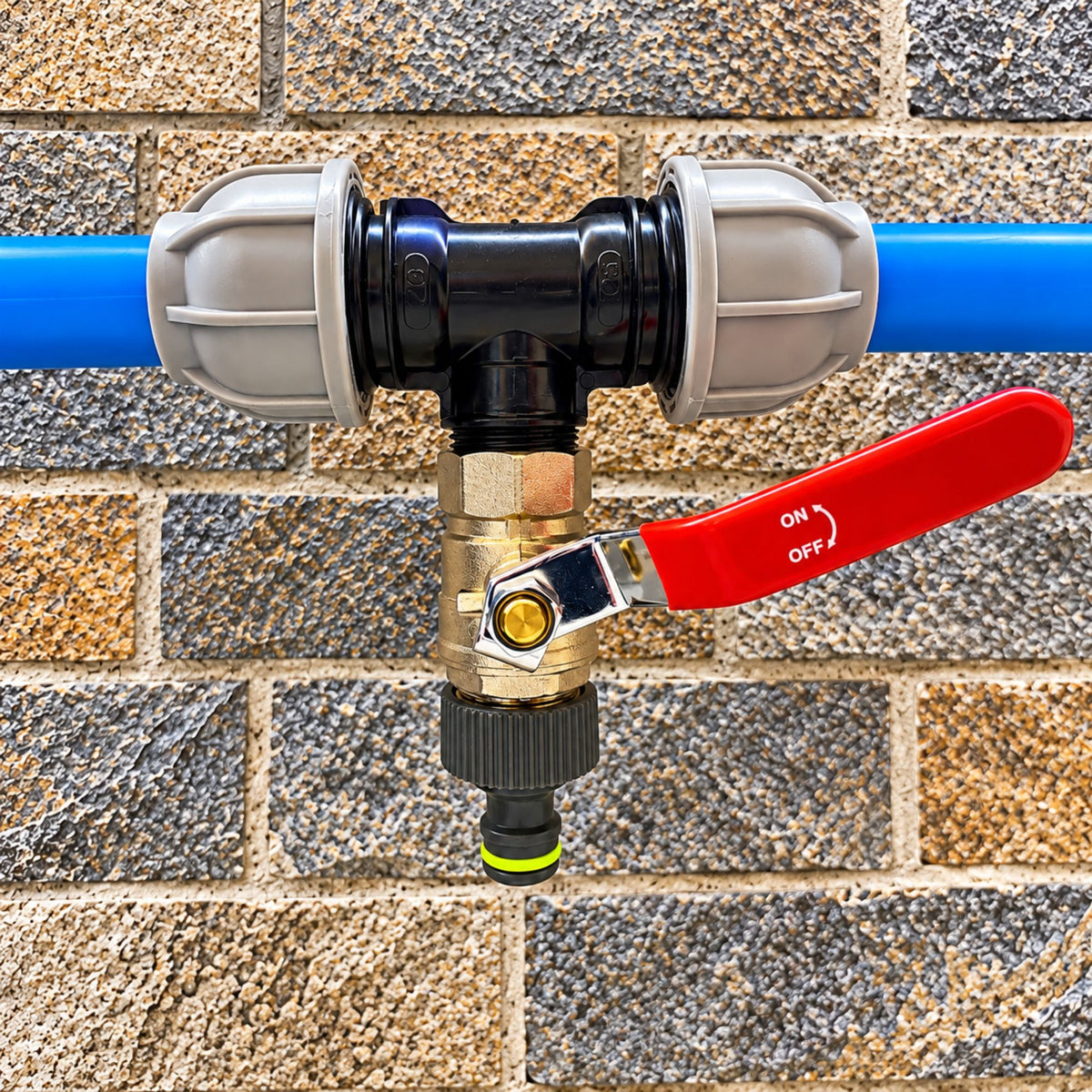 MDPE Tee Fitting 20mm 25mm 32mm with 3/4" BSP Brass Lever Tap Hose Connector