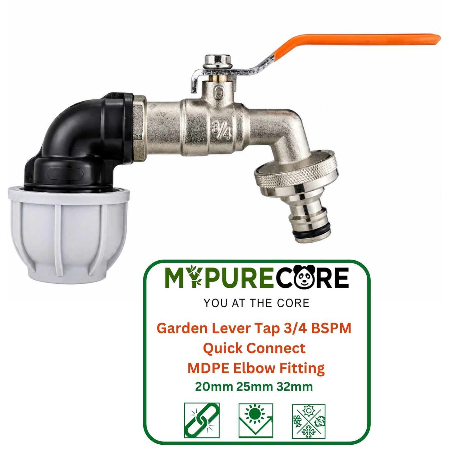 Garden Lever Tap 3/4" BSPM Quick Connect with 20mm, 25mm or 32mm MDPE Elbow