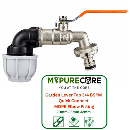 Garden Lever Tap 3/4" BSPM Quick Connect with 20mm, 25mm or 32mm MDPE Elbow