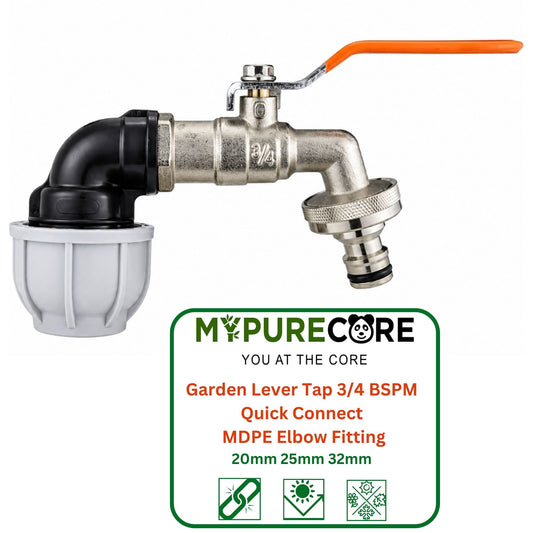 Garden Lever Tap 3/4 BSPM Quick Connect with 20mm, 25mm or 32mm MDPE Elbow Fitting