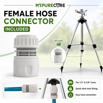 Aluminium Tripod Impact Sprinkler with Female Hose Connector, Adjustable 55-105cm Telescopic Garden Watering Stand with Spiked Feet for Lawns, Borders & Allotments
