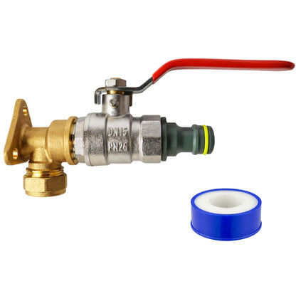 Garden Outdoor Tap Kit with 15mm Brass Compression Wall Plate – Tap Options with Hose Connector Compatibility, PTFE Tape Included for Garden Watering, Irrigation, Outdoor Use