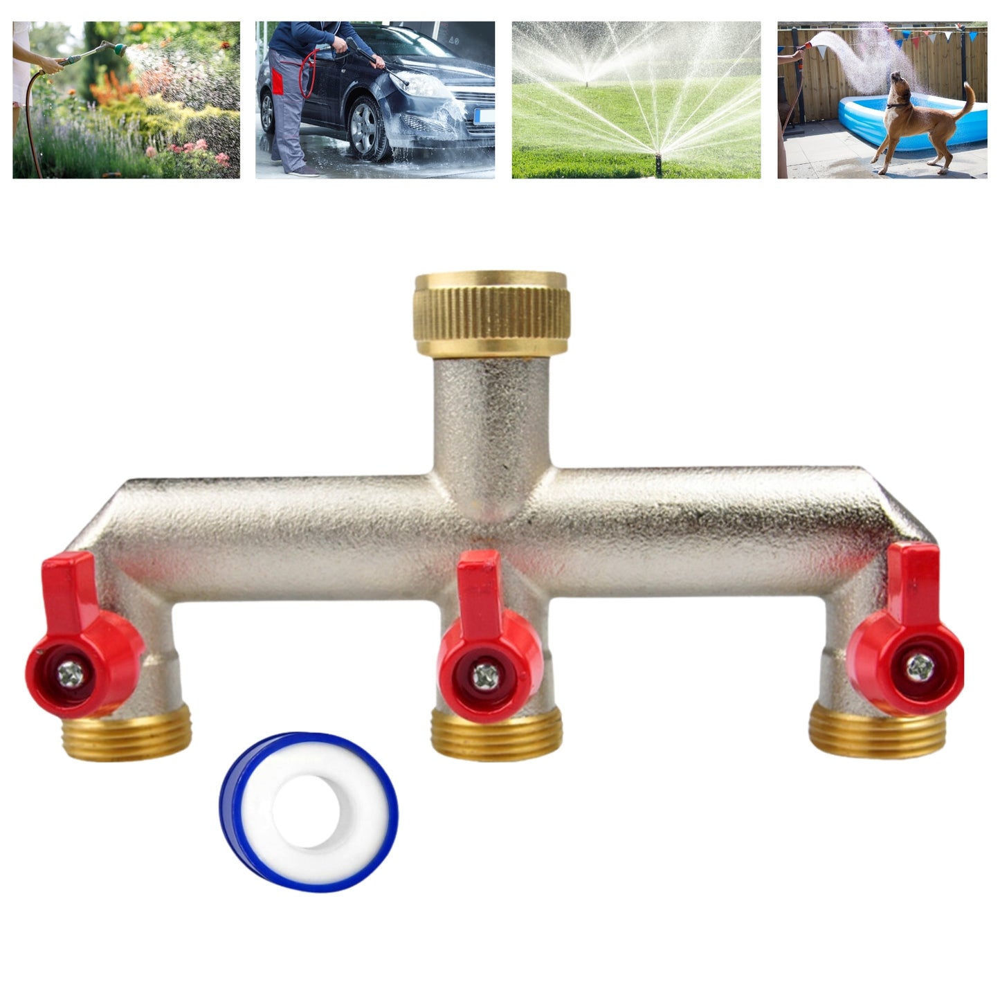 Brass 3-Way Garden Hose Tap Splitter with PTFE Tape – Durable 3/4" Outdoor Tap Connector with Individual Valves