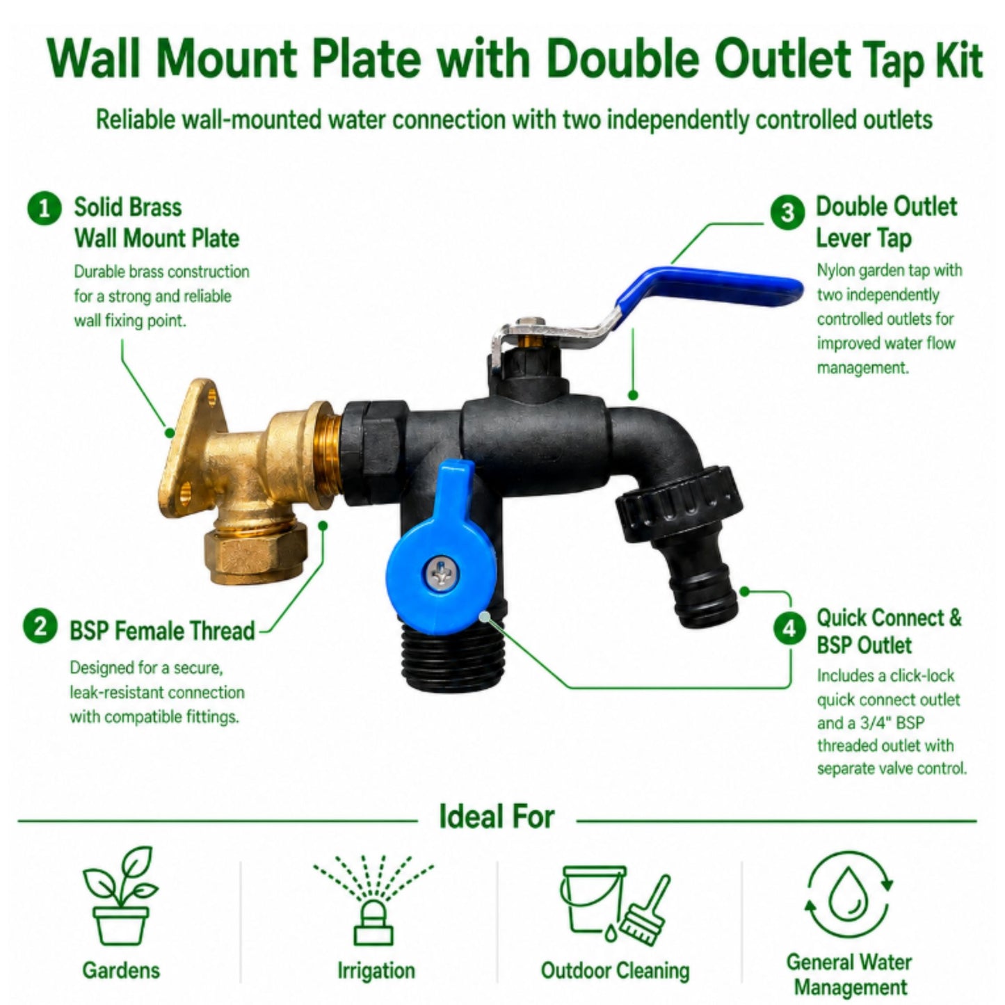 Brass 15mm Wall Flange Kit for Copper Pipe with Garden Tap Options, 1/2" BSP Connection & PTFE Tape – Outdoor Water Tap Fitting Set