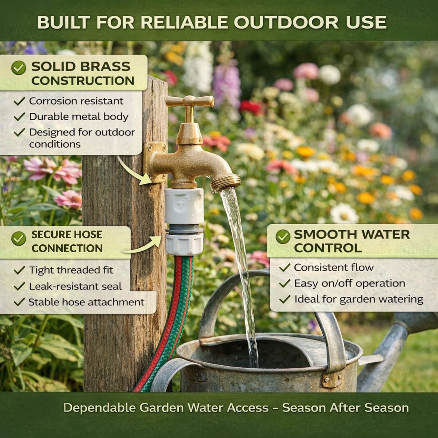 Brass Garden Tap Kit with Hose Connectors – 3/4" BSP Outdoor Bib Tap, Female Tap Connector & Female Hose Connector, Quick Connect Water Tap Set Rooster/Classic Handle