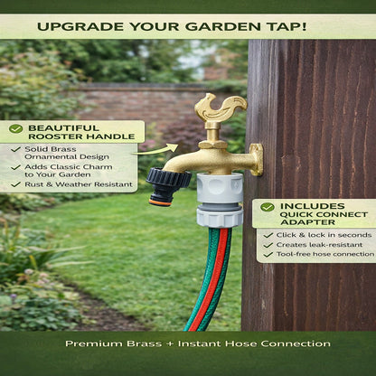 Brass Garden Tap Kit with Hose Connectors – 3/4" BSP Outdoor Bib Tap, Female Tap Connector & Female Hose Connector, Quick Connect Water Tap Set Rooster/Classic Handle